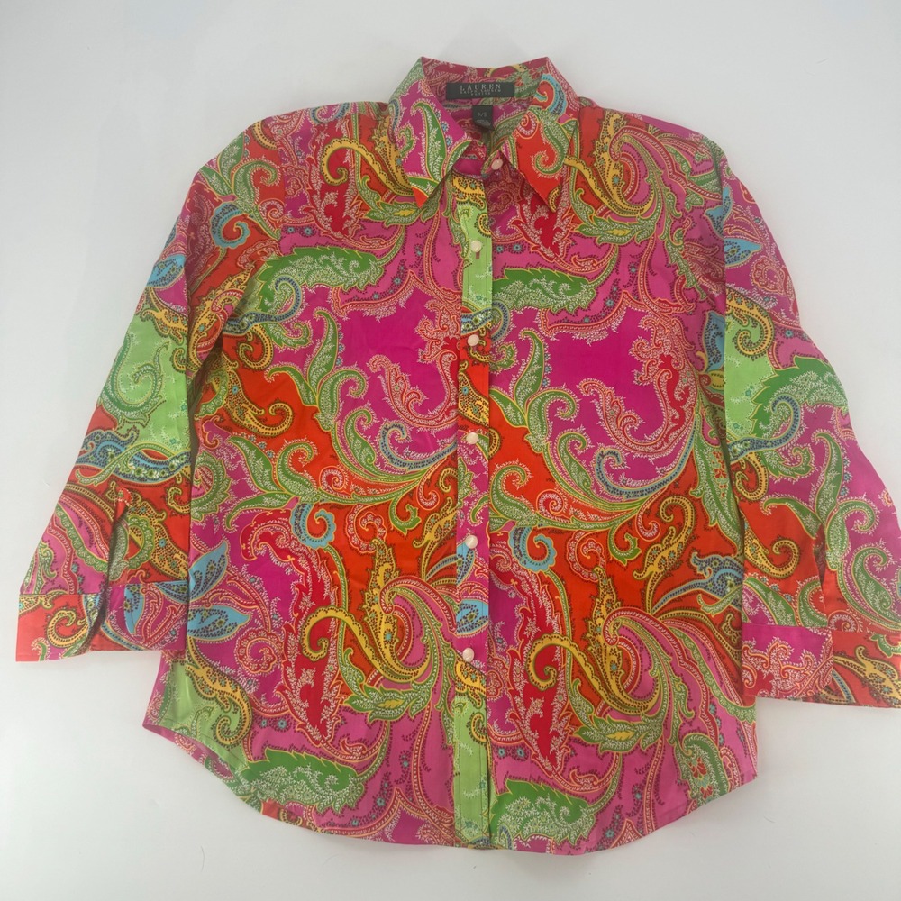 Lauren Ralph Lauren Petite Paisley Button Down Shirt Pink Multi Cotton PS